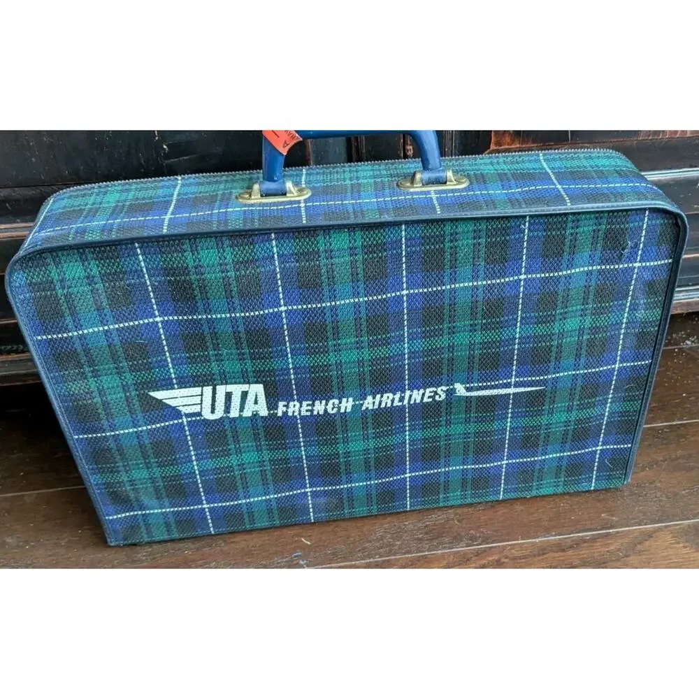 Vtg UTA French Airlines Cabin Suitcase Tartan Plaid Carry On Bag Small 1950s